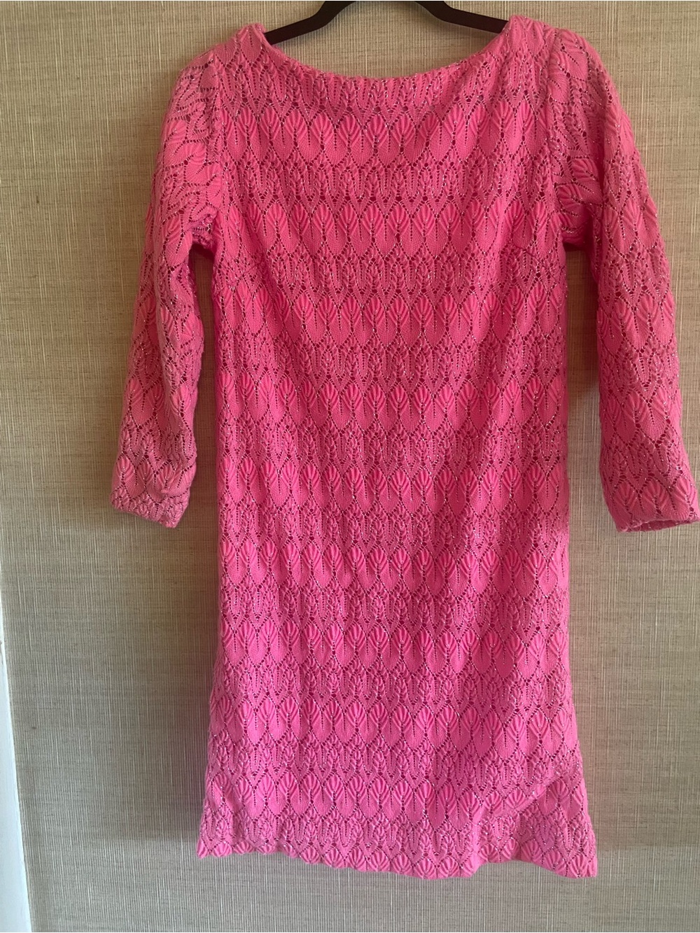 Vintage 1960s Mod Pink Metallic Knit Lace Shift Dress Rayon Lined S/M